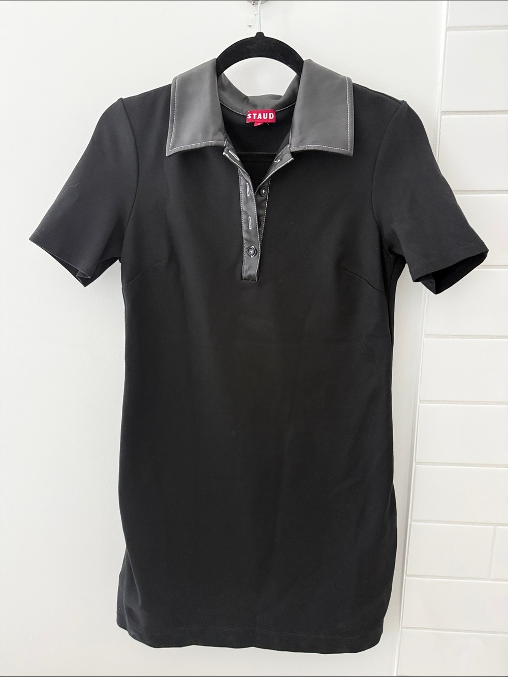 STAUD Black Short Sleeve Polo Dress